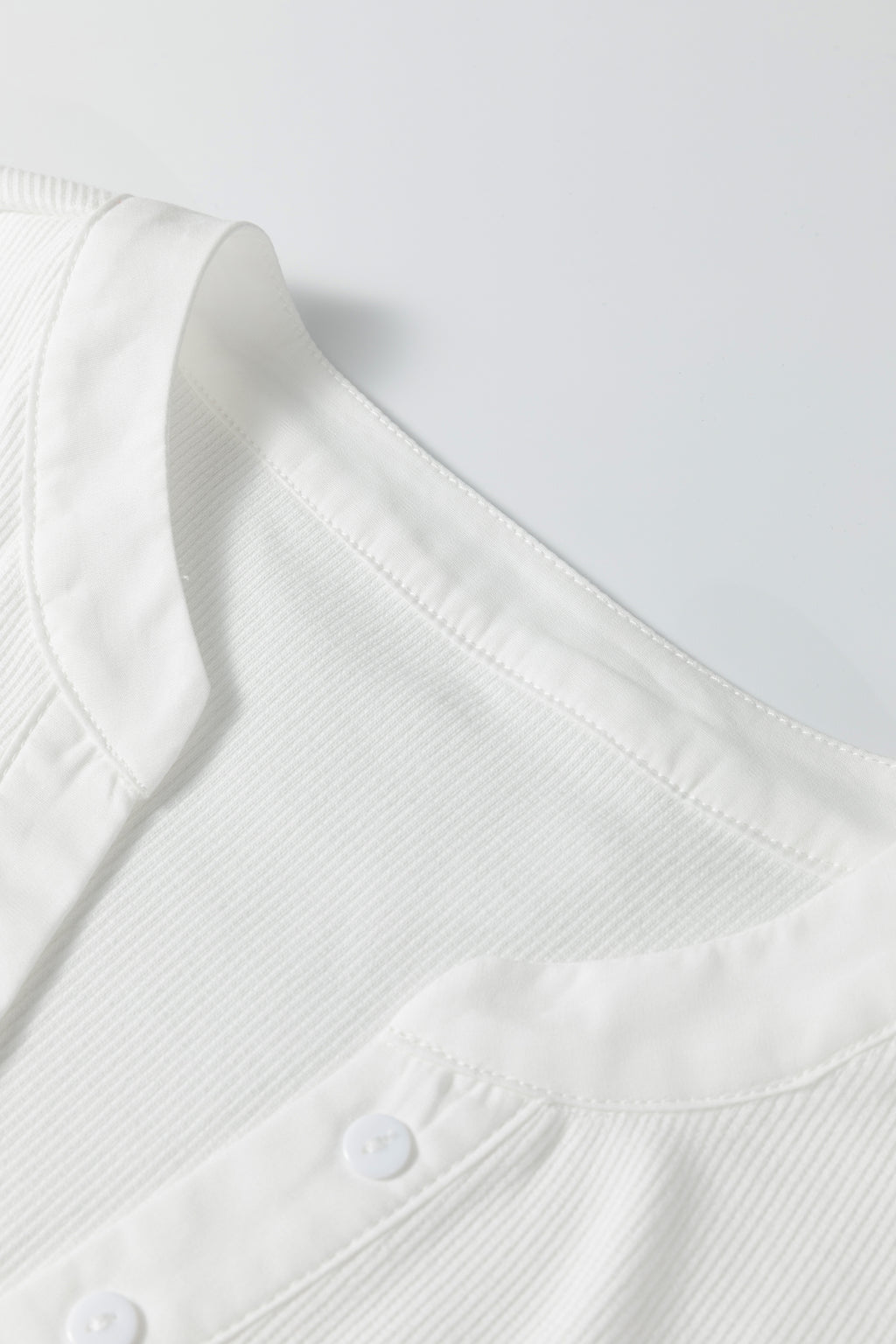 White Button Placket 3/4 Striped Sleeve Patchwork Rib Knit Top