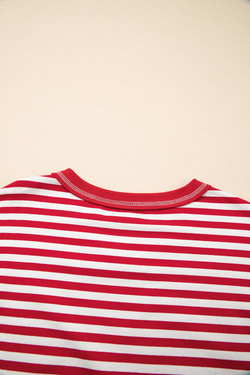 Red Stripe Exposed Seam V Neck Balloon Sleeve Pullover