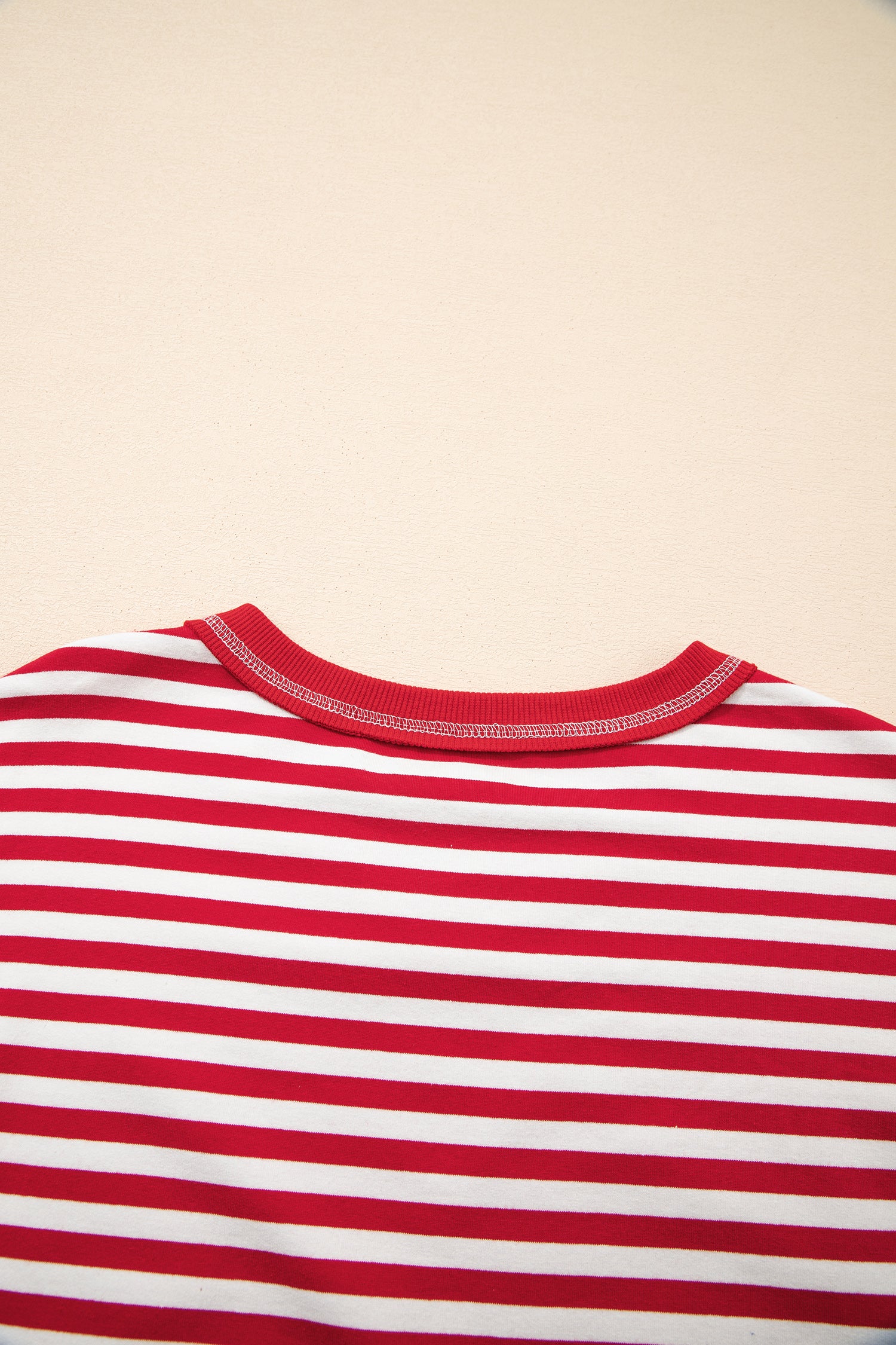 Red Stripe Exposed Seam V Neck Balloon Sleeve Pullover