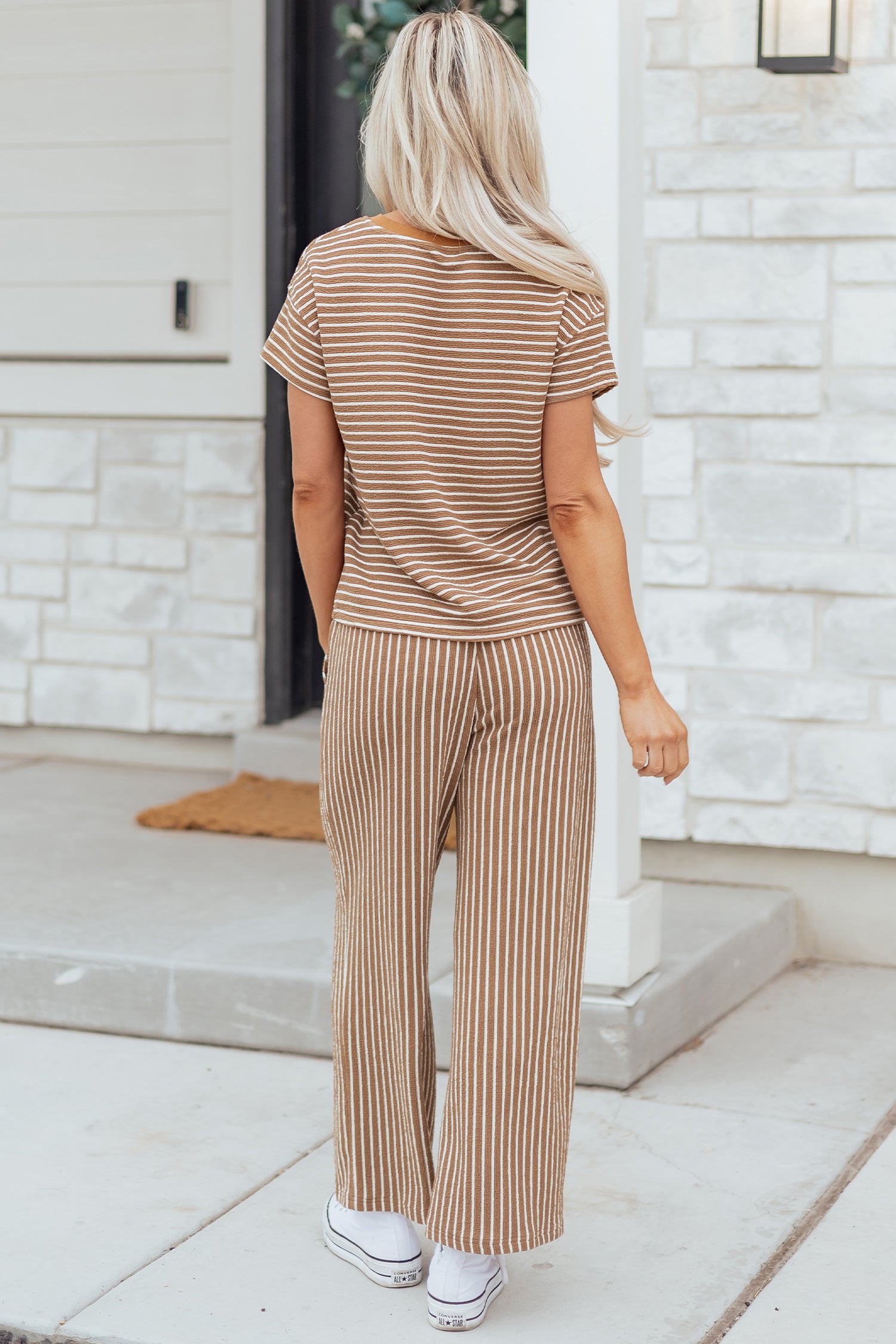 Khaki Stripe Crew Neck Tee Drawstring Waist Cropped Pants Set