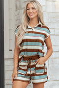White Stripe Button Polo Collar Tee Drawstring Elastic Waist Patchwork 2pcs Short Set