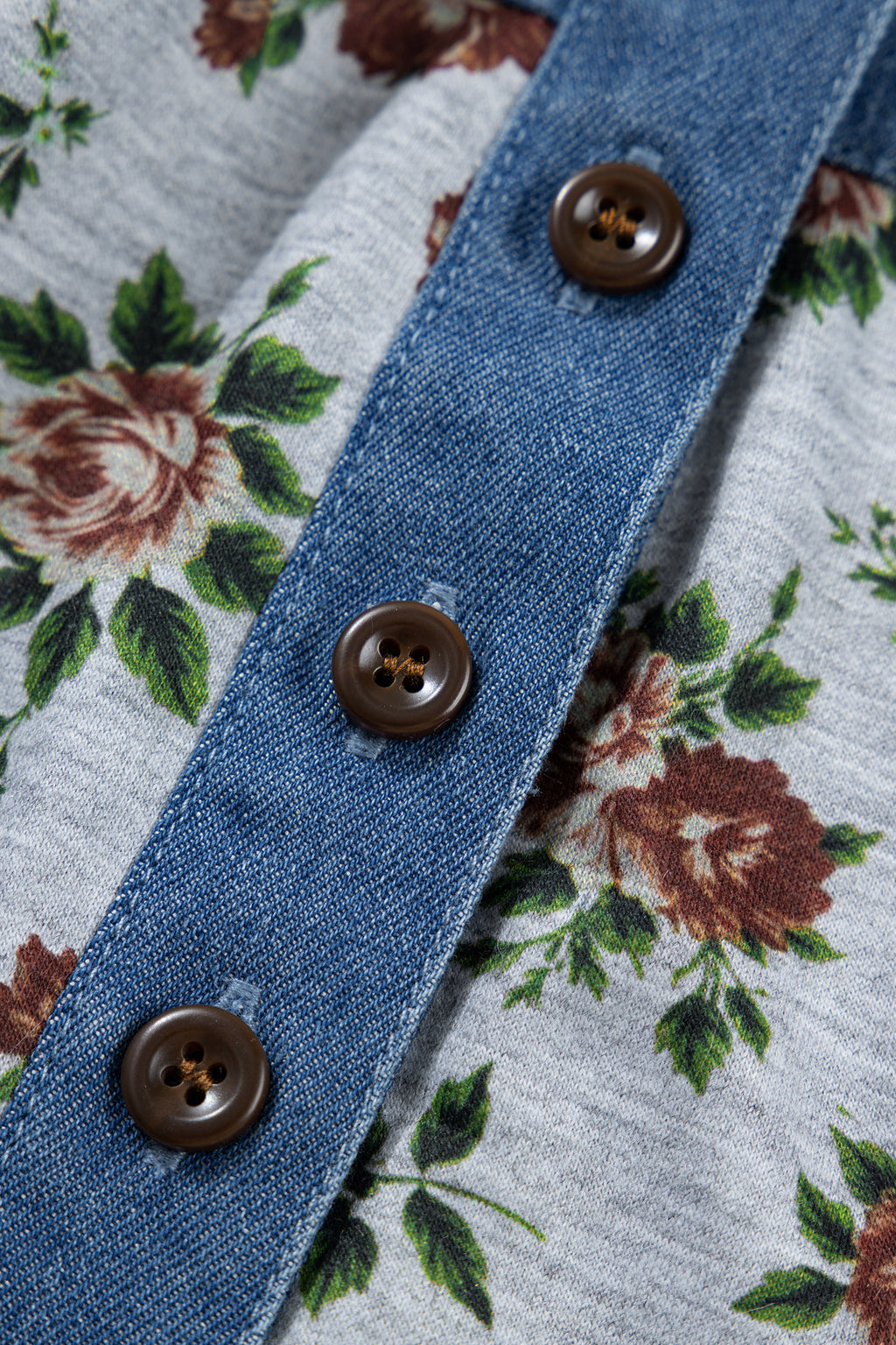 Gray Retro Floral Print Denim Patchwork Buttoned Polo Collar Top