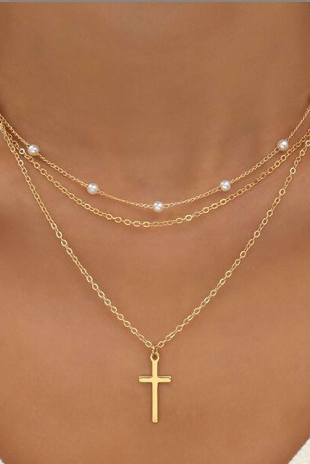 Gold Plated Cross Pendant Pearl Decor Triple Layer Chain Necklace