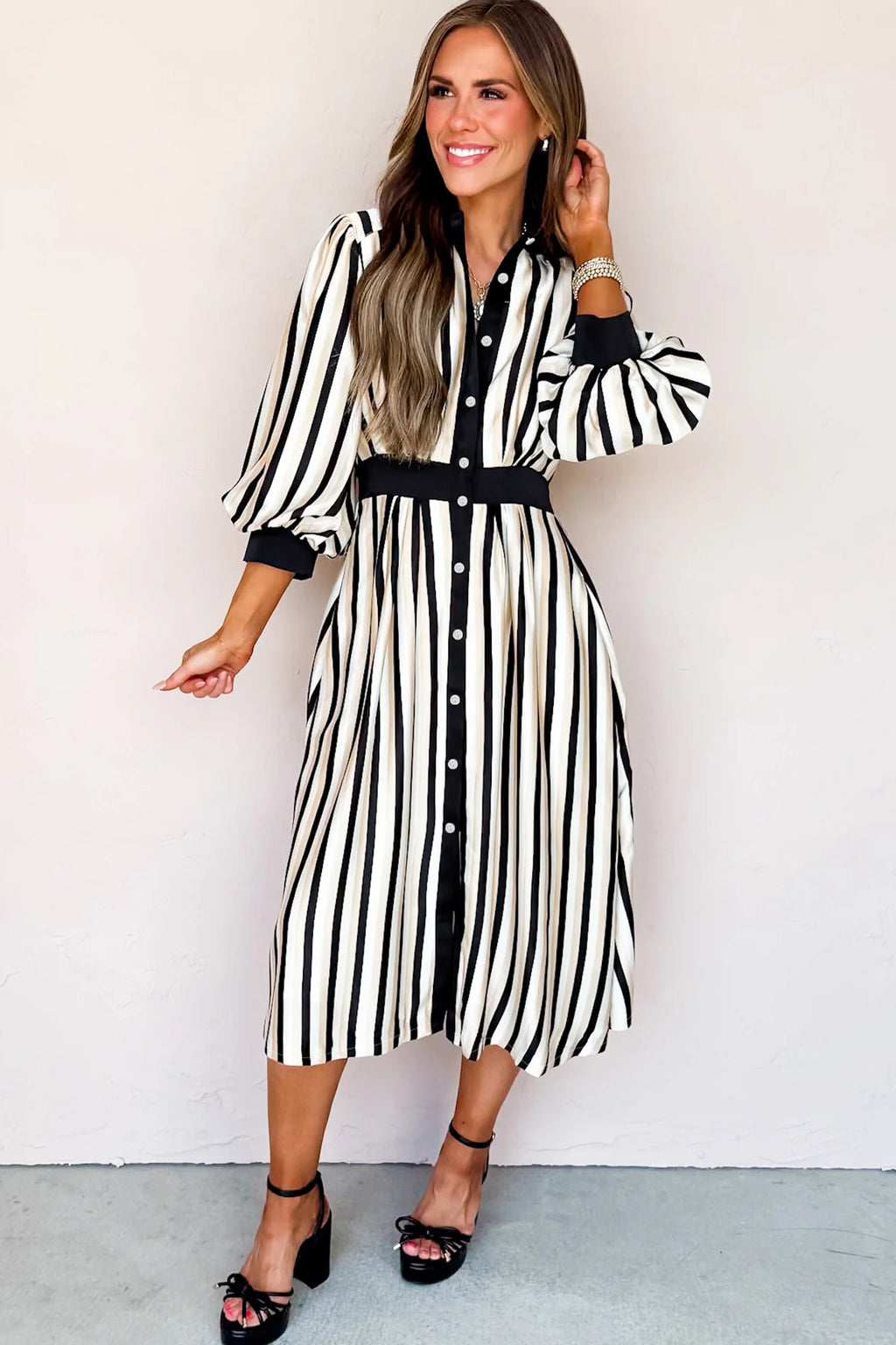 Black Stripe 3/4 Puff Sleeve Shirt Style Button Down Midi Dress