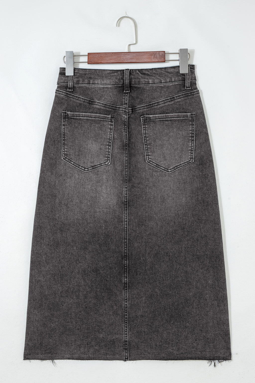 Dark Grey Irregular Distressed Bottom Denim Midi Skirt