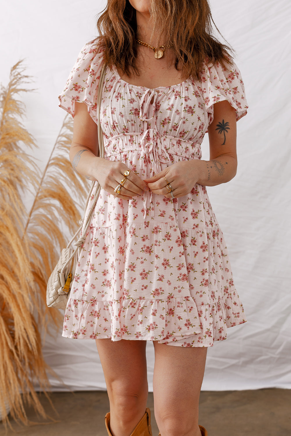 Pink Front Tie Shirred Waist Short Sleeve Ruffled Floral Mini Dress
