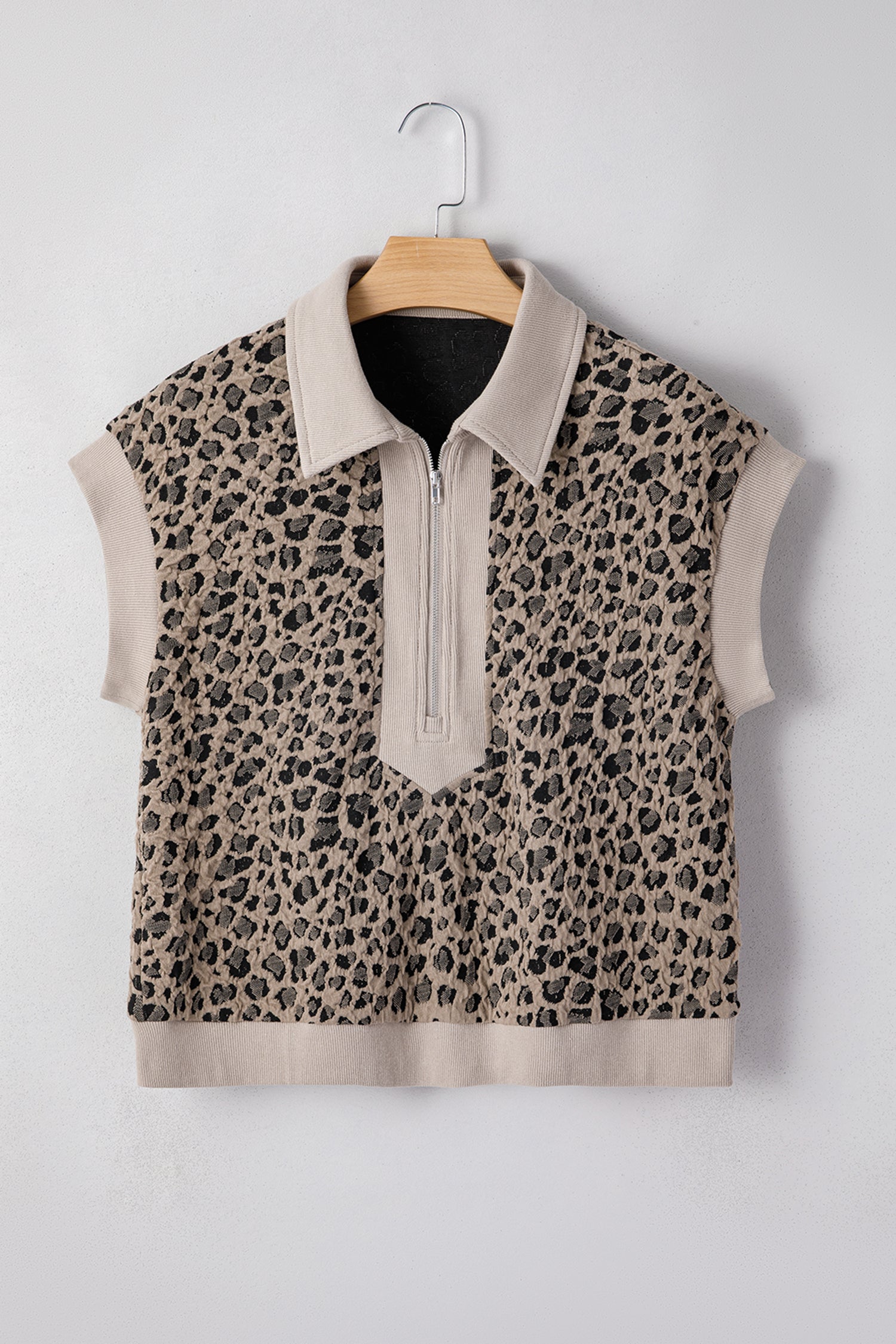Beige Zip up Collared Leopard Cap Sleeve Top