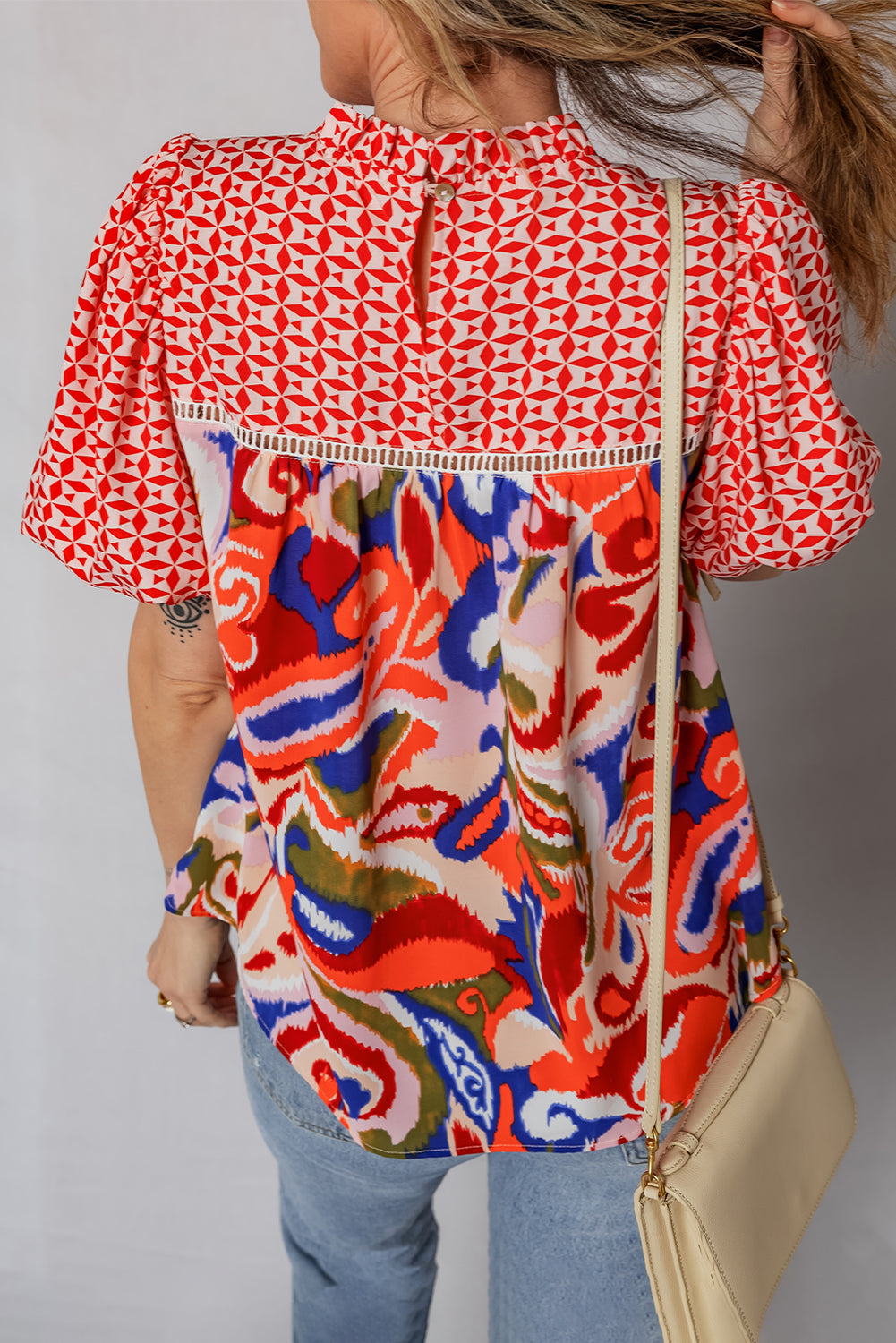 Red Paisley Geometric Mixed Print Patchwork Puff Sleeve Blouse Top