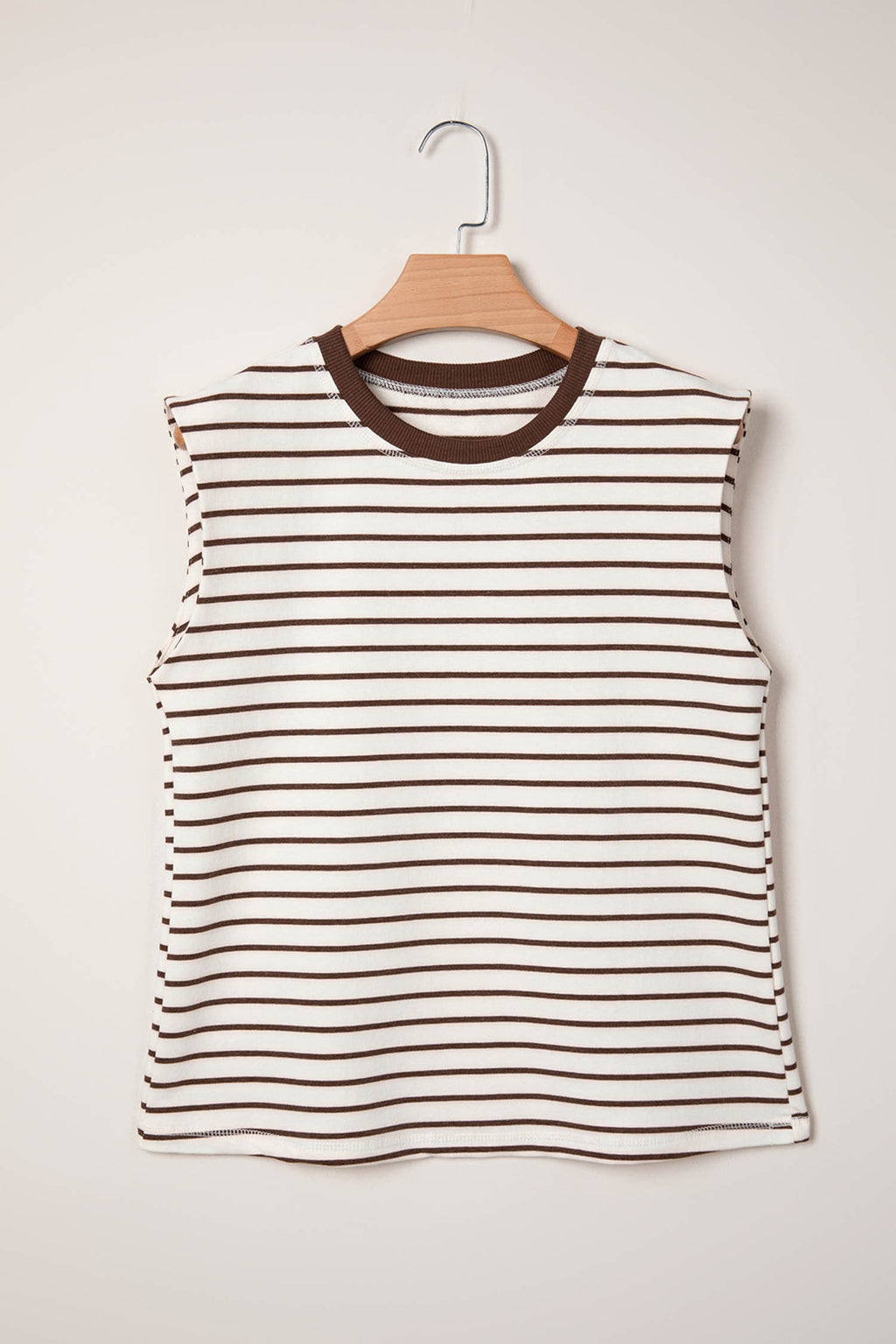 Brown Stripe Ribbed Round Neck Trim Loose Tank Top