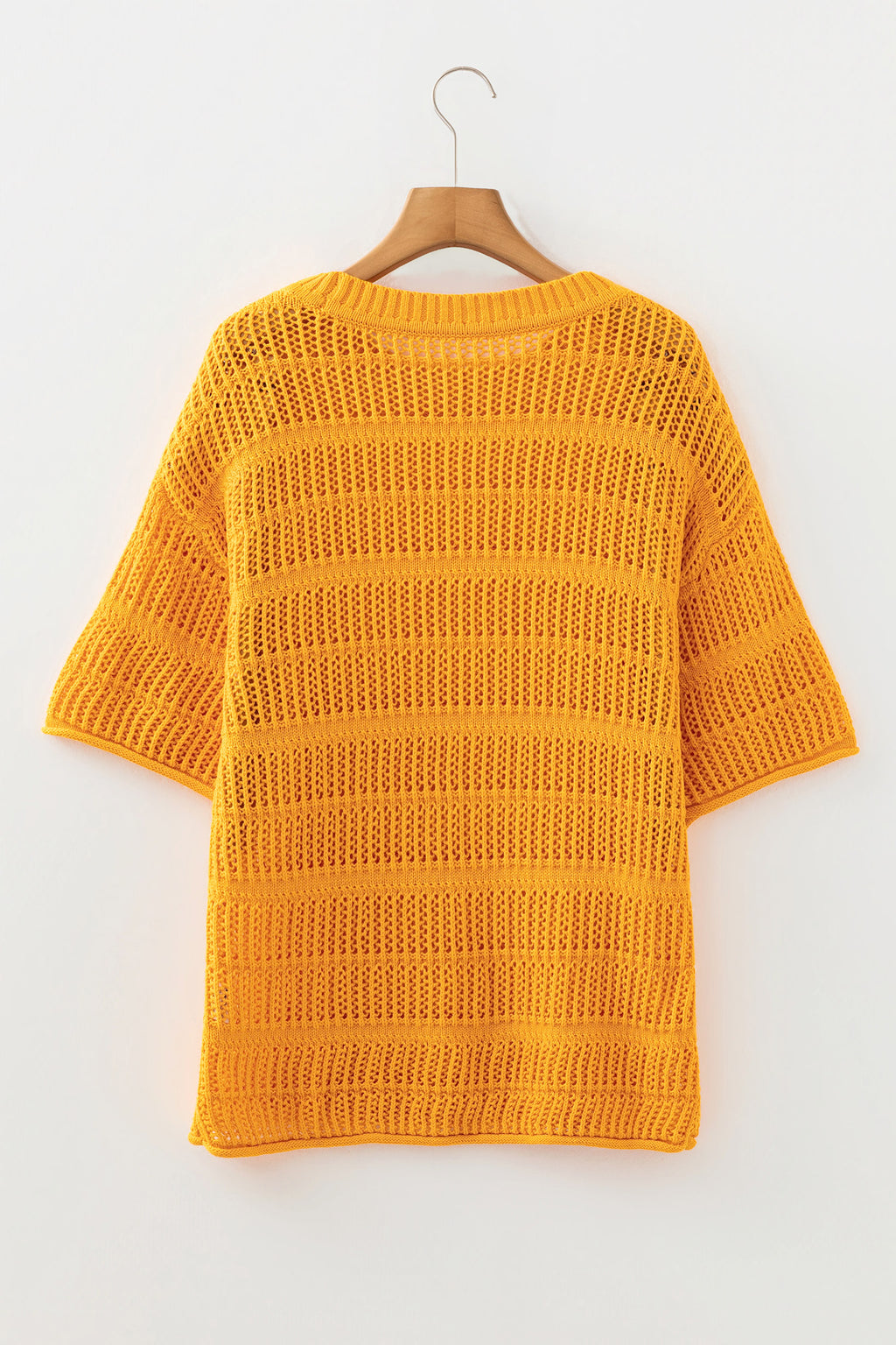 Mustard Hollow out Openwork Knit 3/4 Sleeve Sweater