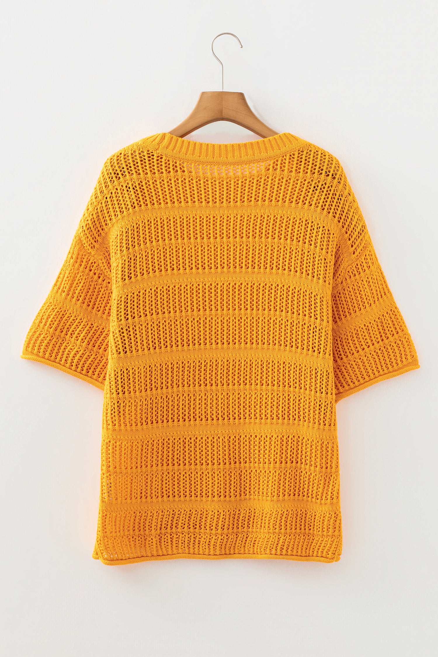 Mustard Hollow out Openwork Knit 3/4 Sleeve Sweater