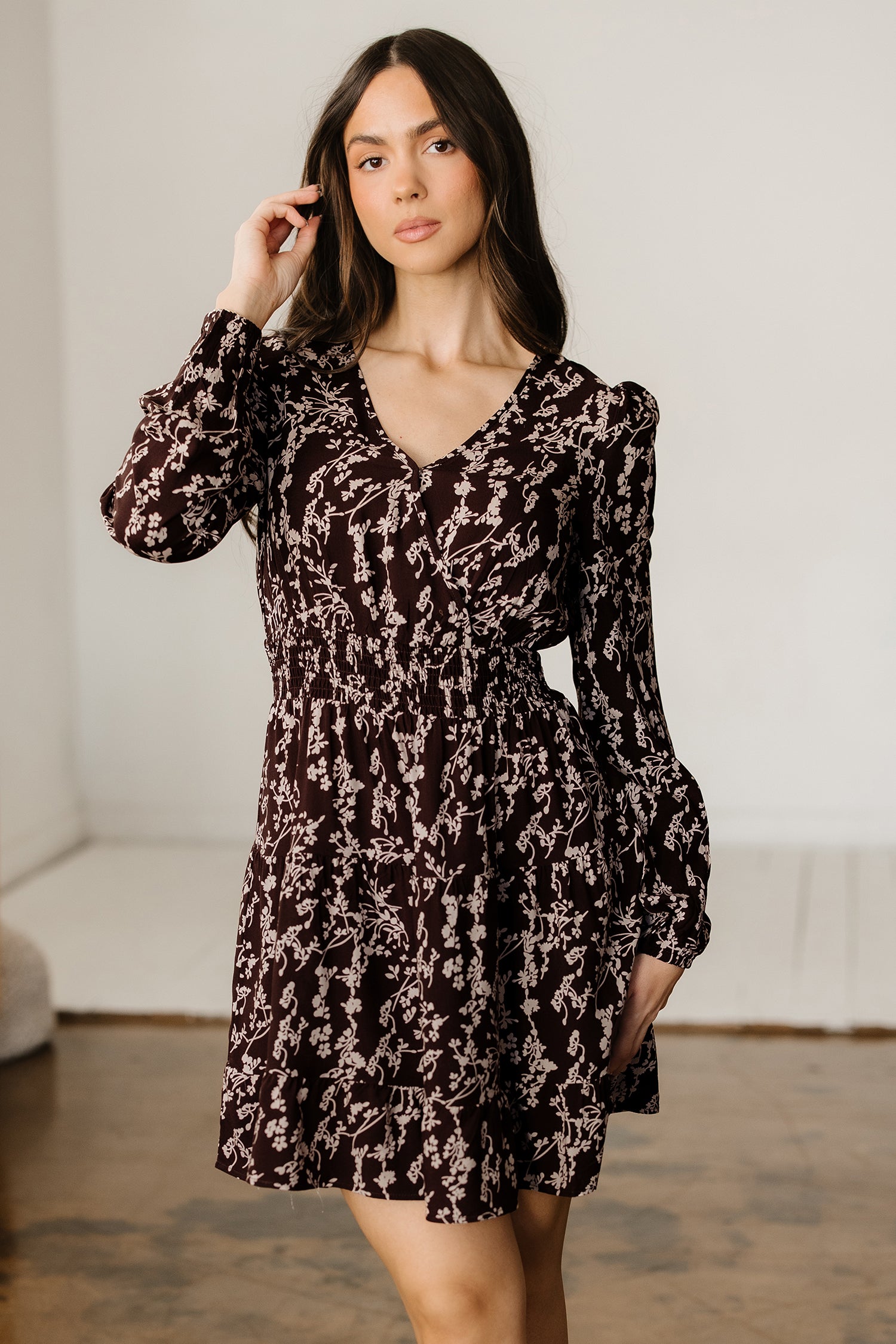 Brown Ditsy Floral Print Split Neck Long Sleeve Shirred Waist Flared Mini Dress
