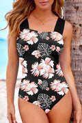 Black Floral Print Square Neck Ruched Tommy Control One Piece Swimsuit