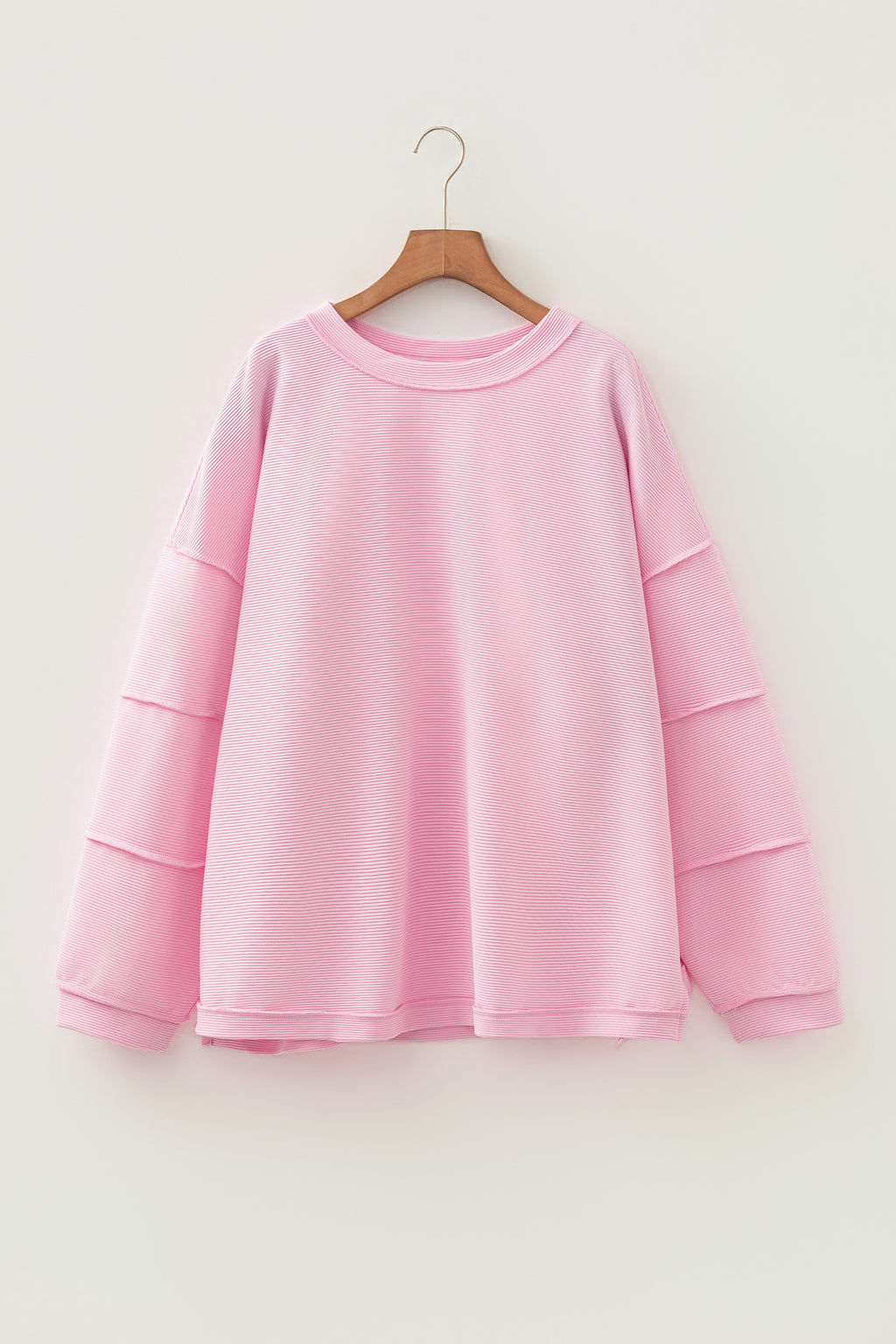 Pink Drop Shoulder Long Sleeve Plus Size Ribbed Top