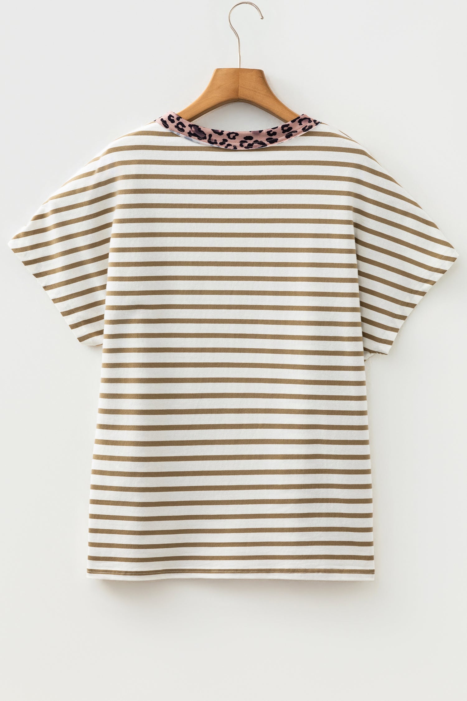 Khaki Stripe Leopard Patchwork Round Neck Loose T Shirt