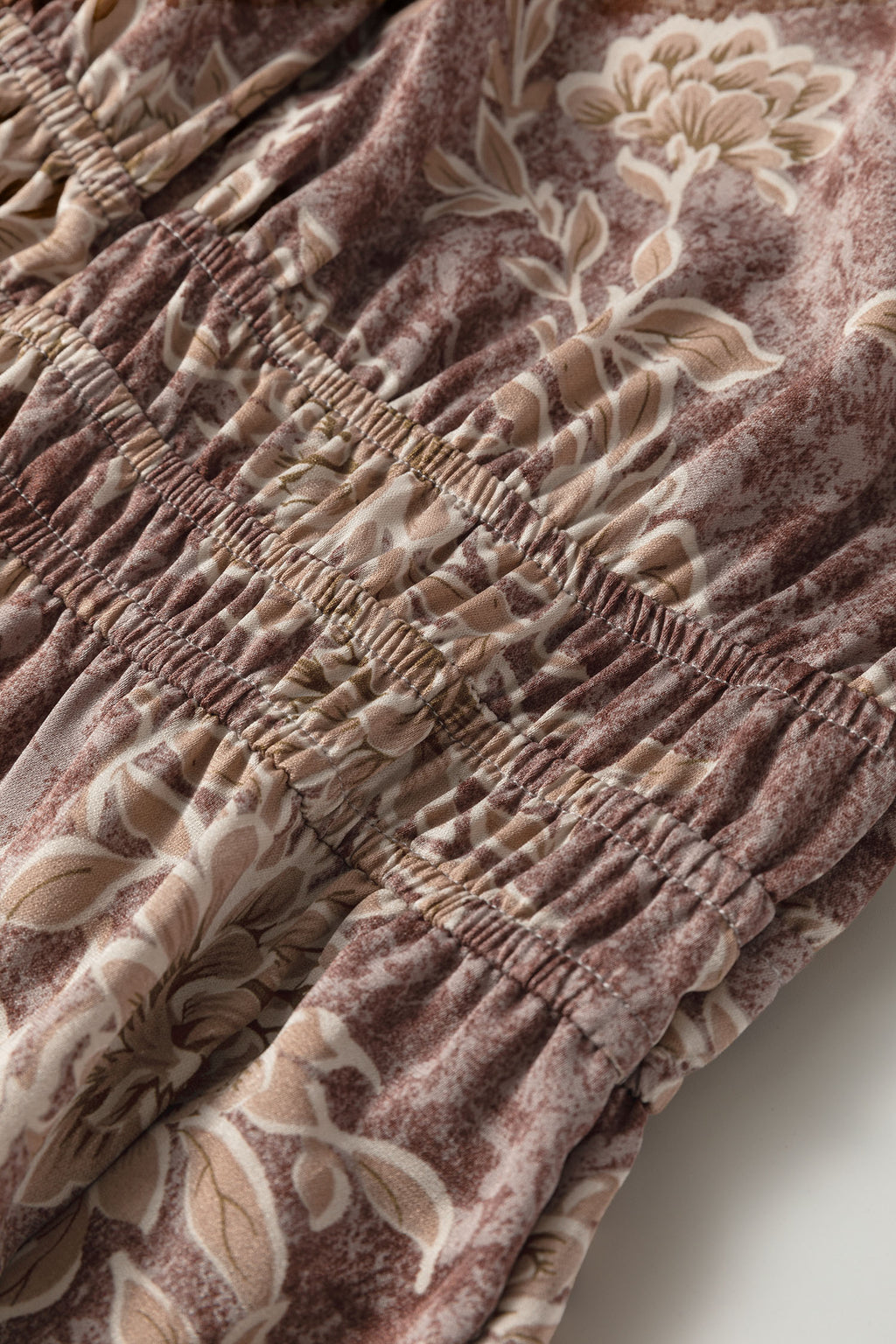 Brown Floral Print Smocked High Waist Long Sleeve Maxi Dress