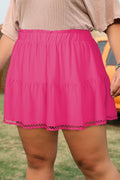 Rose Red Plus Size Frilled Elastic Waist Lace Trim Boho Ruffled Shorts