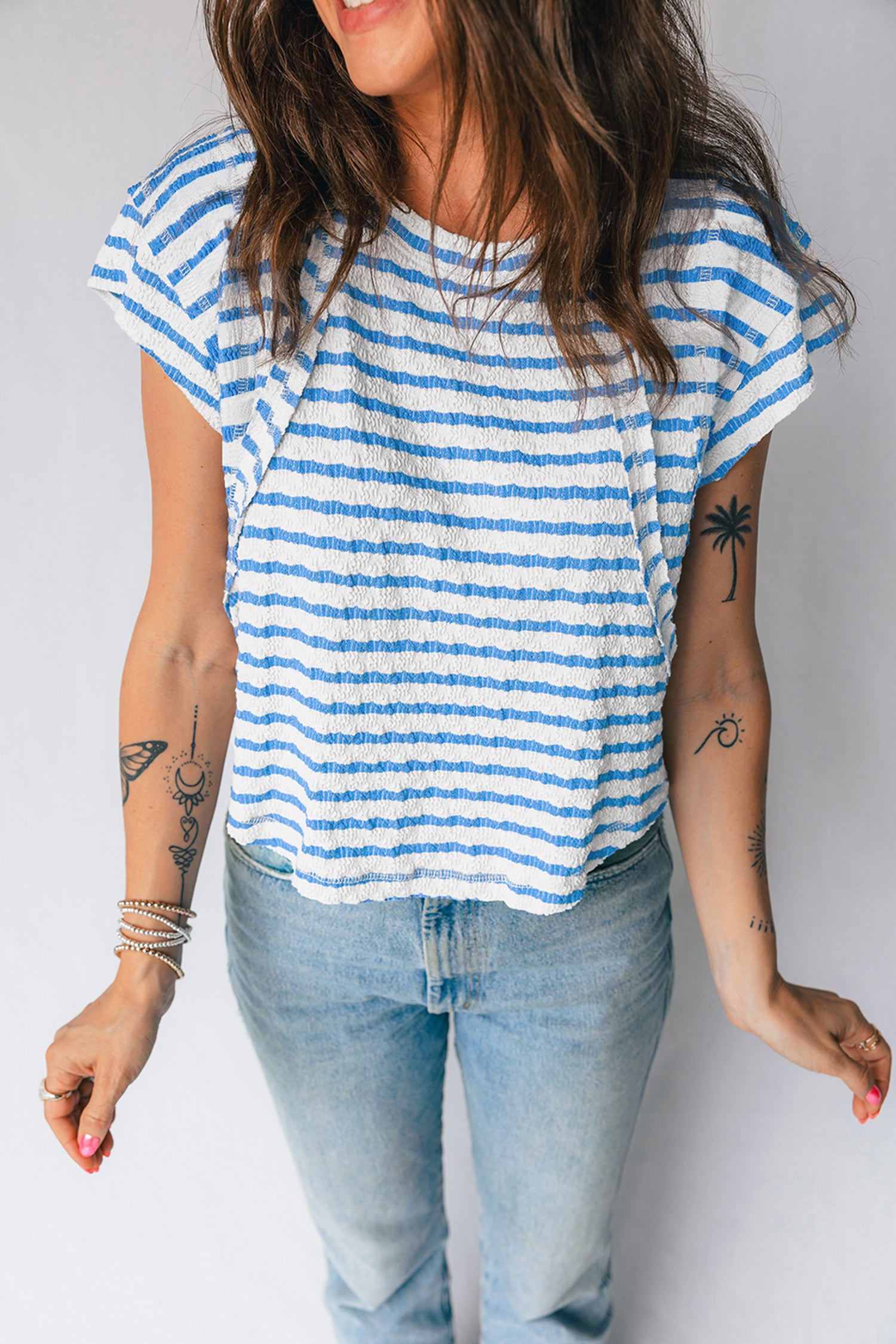 Blue Stripe Textured Short Sleeve Patchwork T Shirt