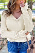 Beige Thermal Knit Lace Ruched Patchwork Long Sleeve V Neck Top