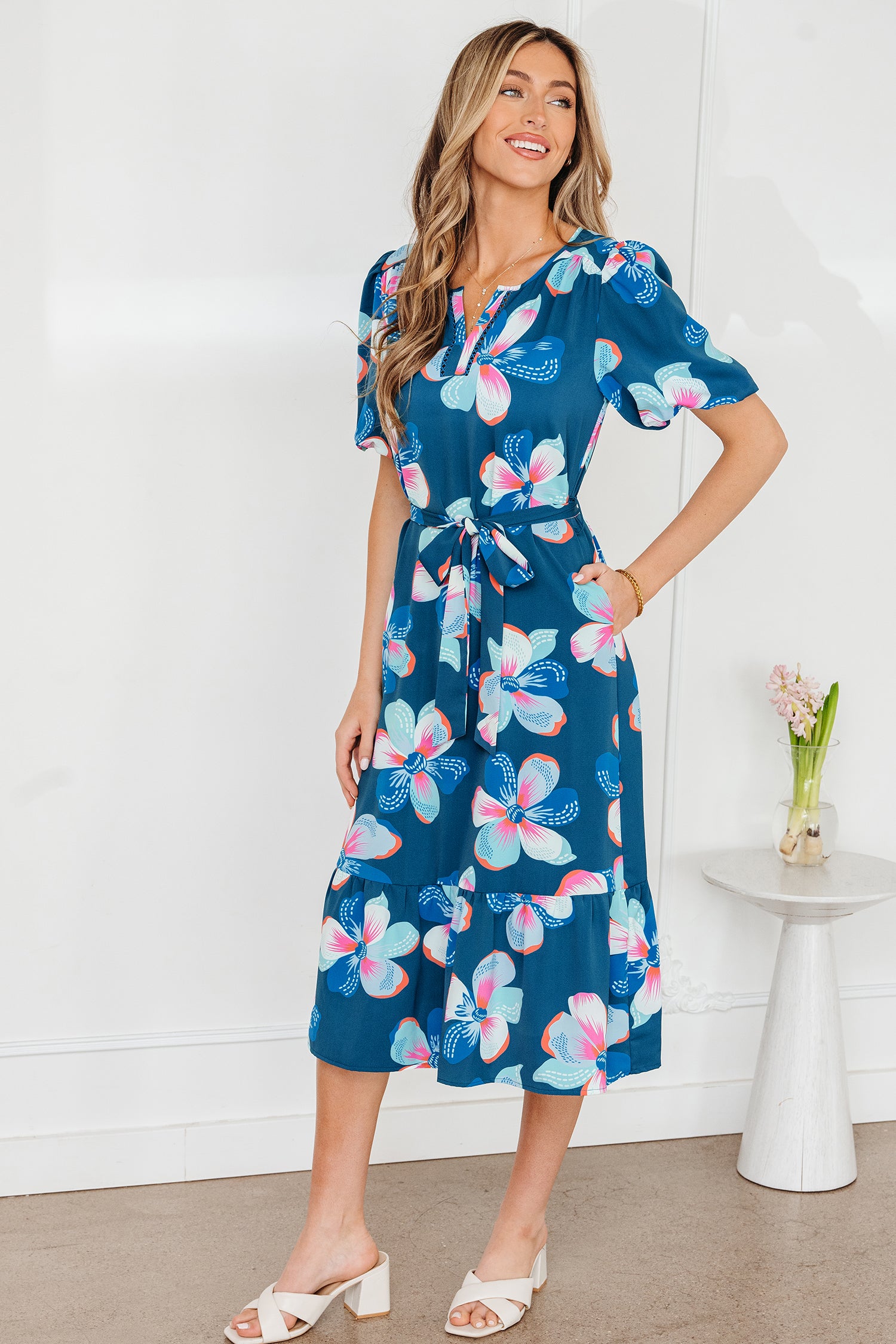 Blue Floral Print Short Puff Sleeve Ruffle Hem Belted Long Dress