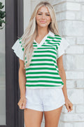 Green Stripe Collar V Neck Ruffled Short Sleeve Blouse