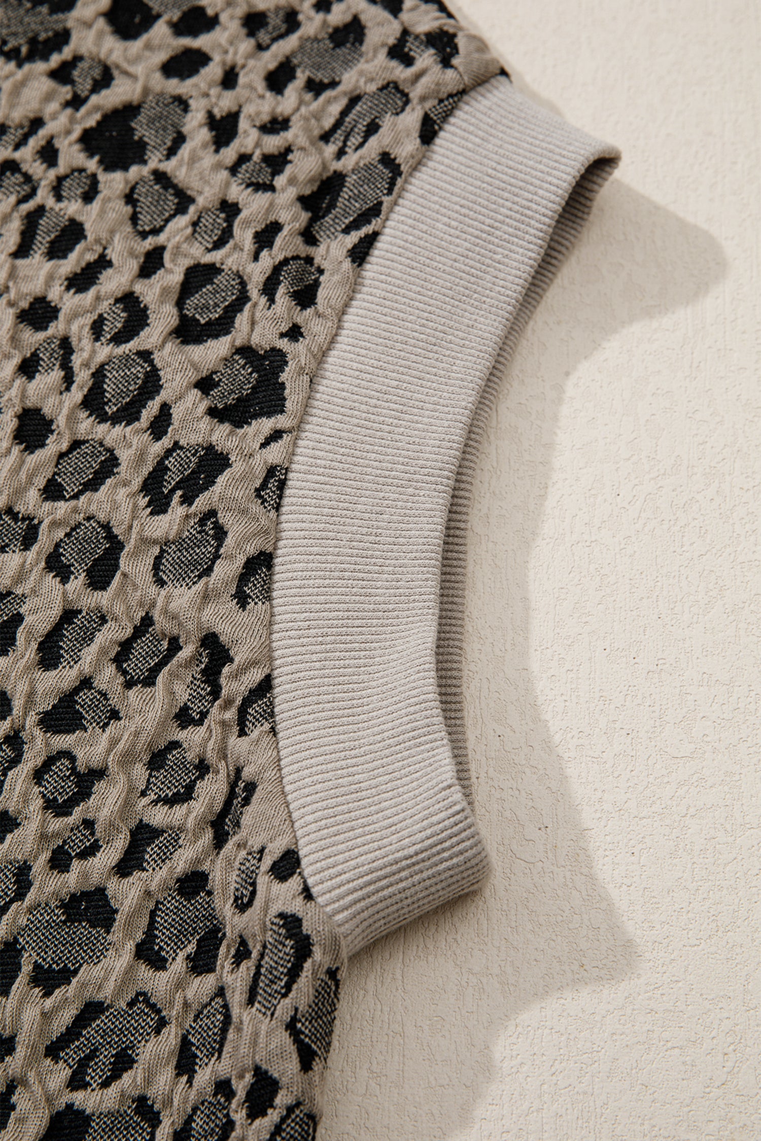 Beige Zip up Collared Leopard Cap Sleeve Top