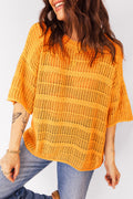Mustard Hollow out Openwork Knit 3/4 Sleeve Sweater