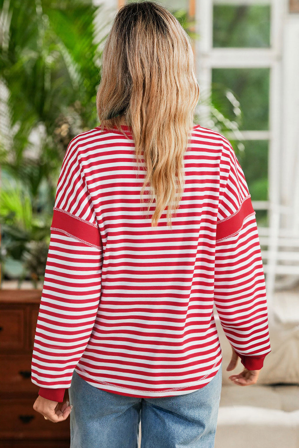 Red Stripe Exposed Seam V Neck Balloon Sleeve Pullover