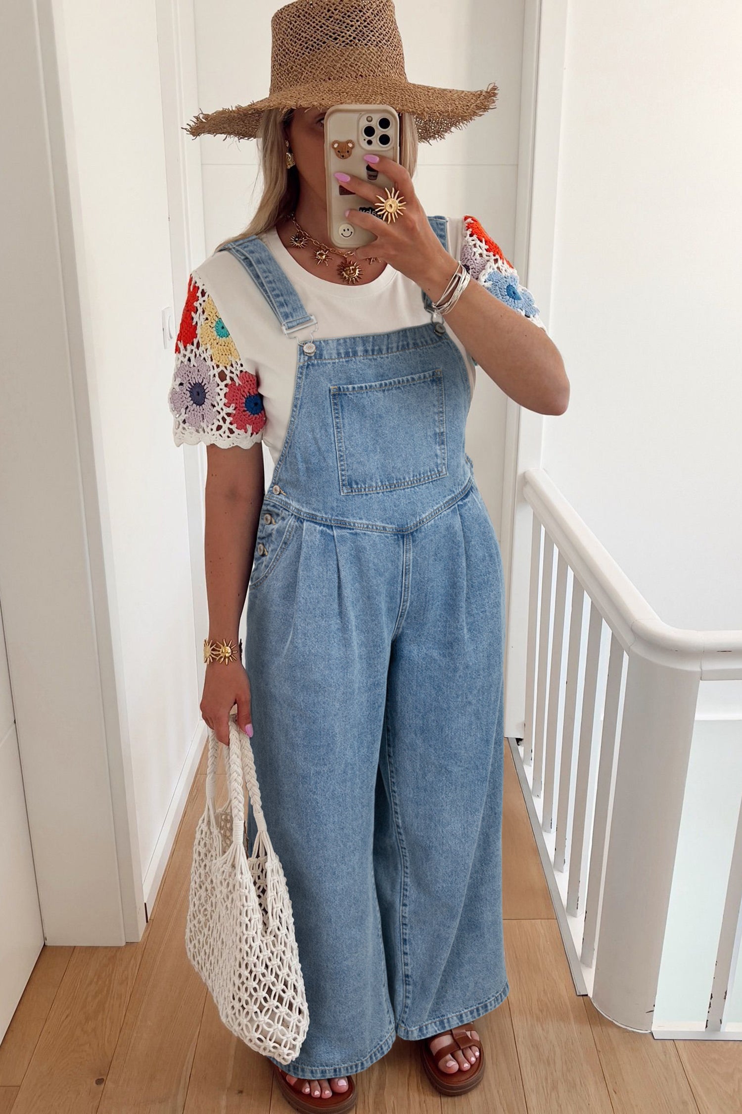 Dusk Blue Pleated Wide Leg Retro Pocketed Denim Jumpsuit