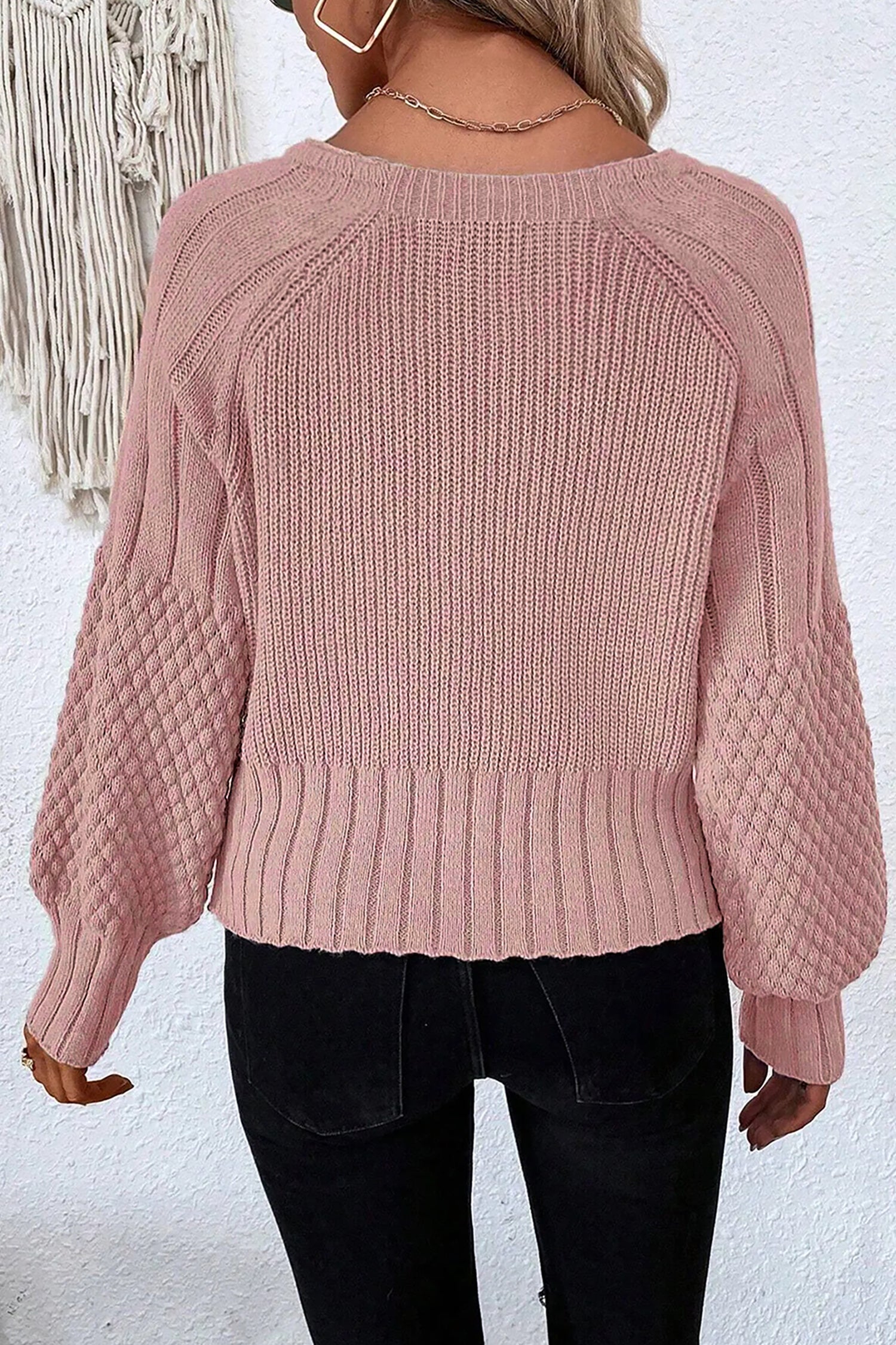 Light Pink Mixed Texture Knit Button V Neck Sweater Cardigan