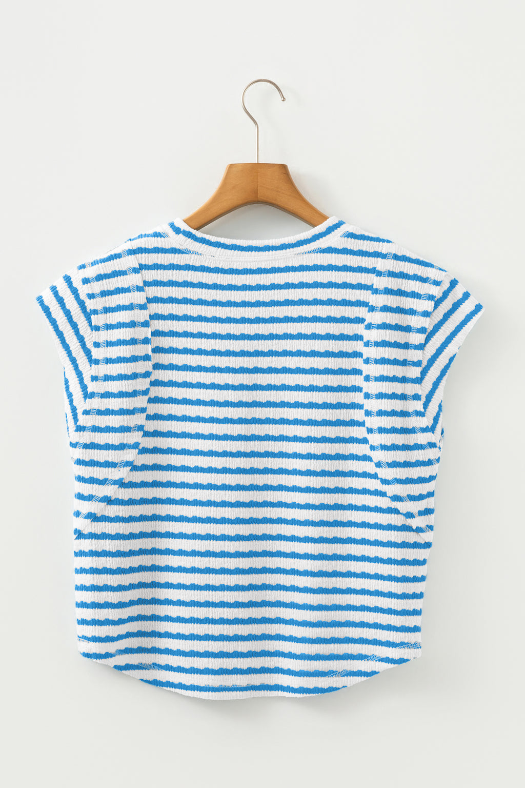 Blue Stripe Textured Short Sleeve Patchwork T Shirt