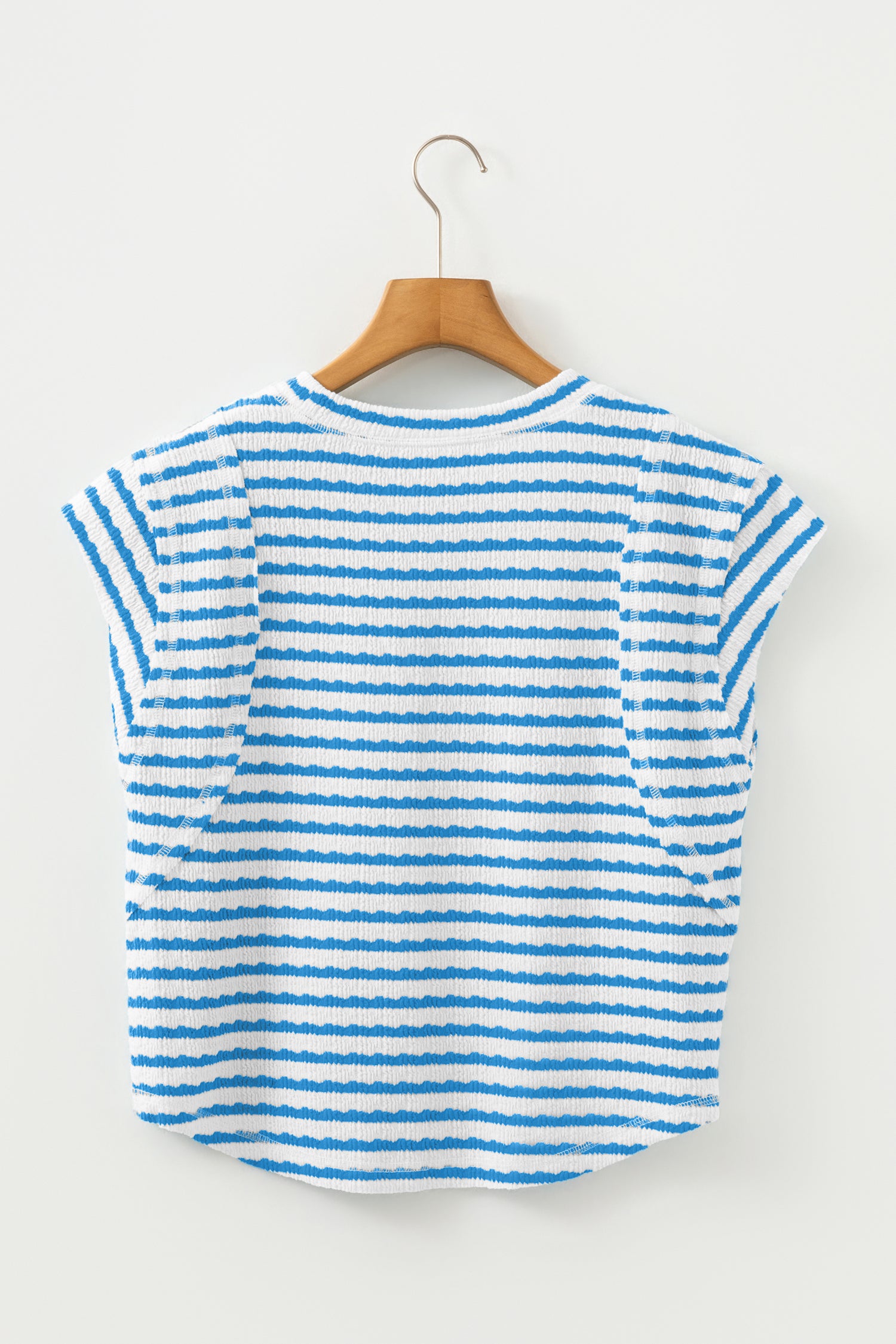 Blue Stripe Textured Short Sleeve Patchwork T Shirt