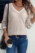 Beige Striped Textured Knit V Neck Casual Top