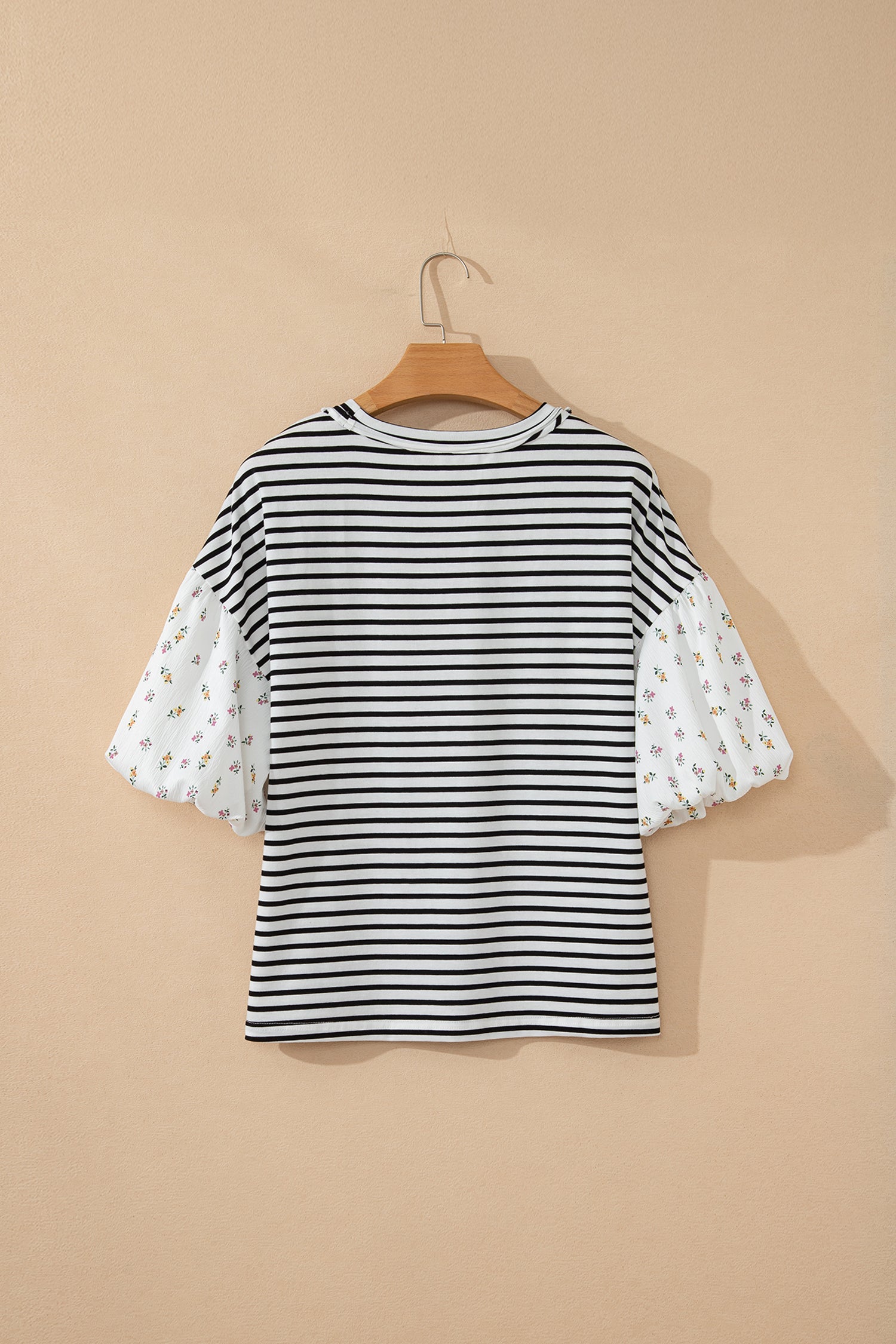 Black Stripe Floral Puff Sleeve Patchwork Round Neck Loose Top