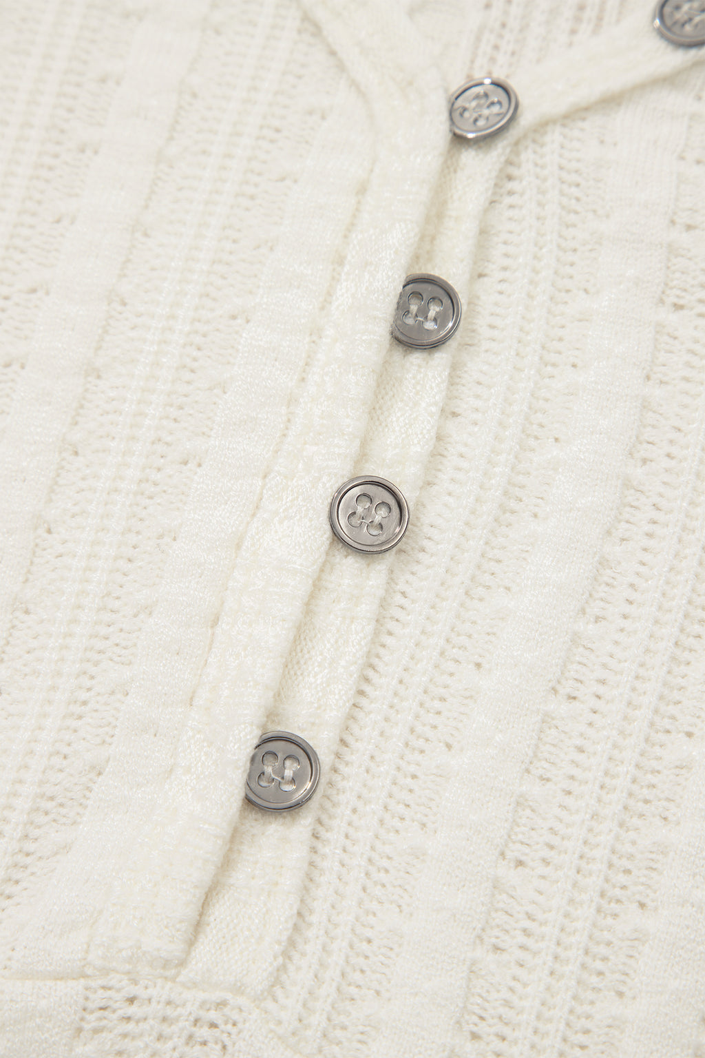 White Solid Color Textured Button V Neck Raw Seam Henley Tee