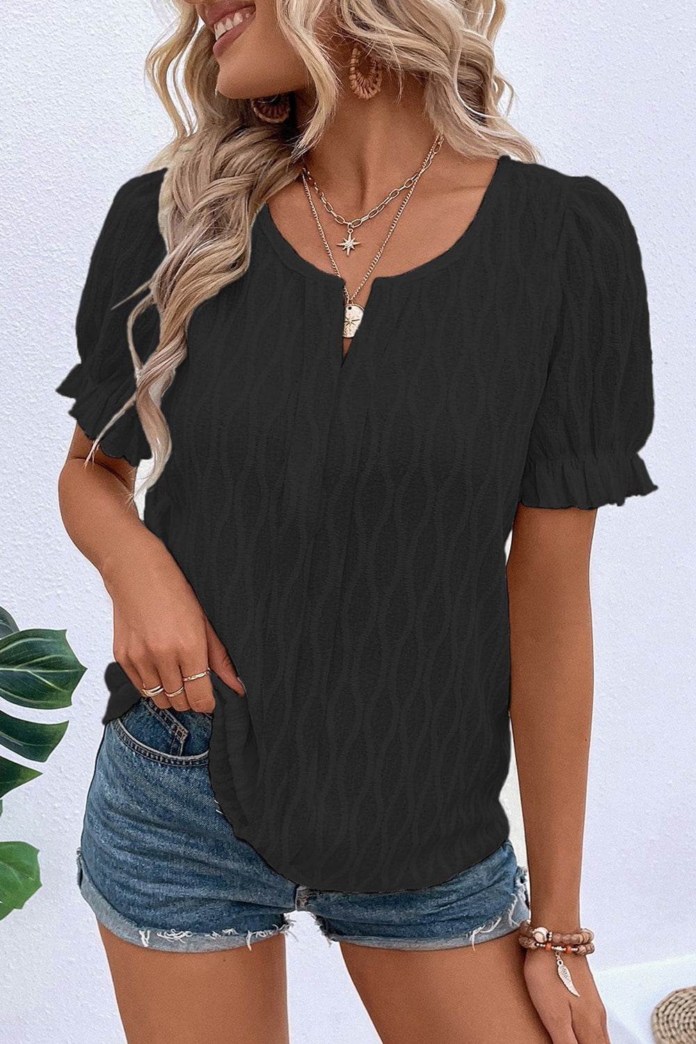 Black Solid Color Textured Notched Neck Puff Sleeve Blouse