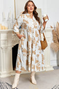 Khaki Patterned Ruffled Sleeve Half Placket Tiered A-line Plus Size Long Dress