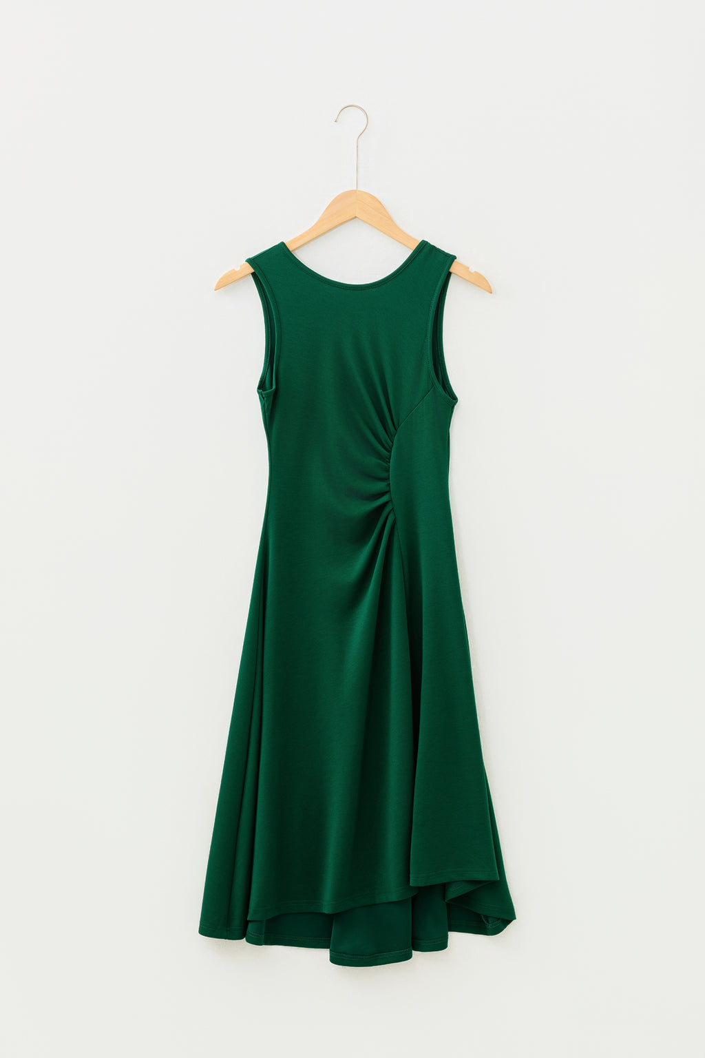 Blackish Green Solid Color Round Neck Ruched Detail Sleeveless Mini Dress