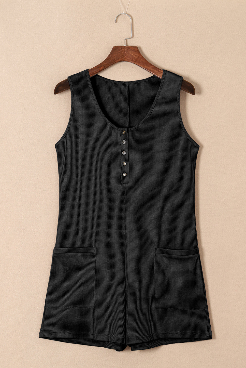 Black Waffle Sleeveless U Neck Buttons Romper With Pockets