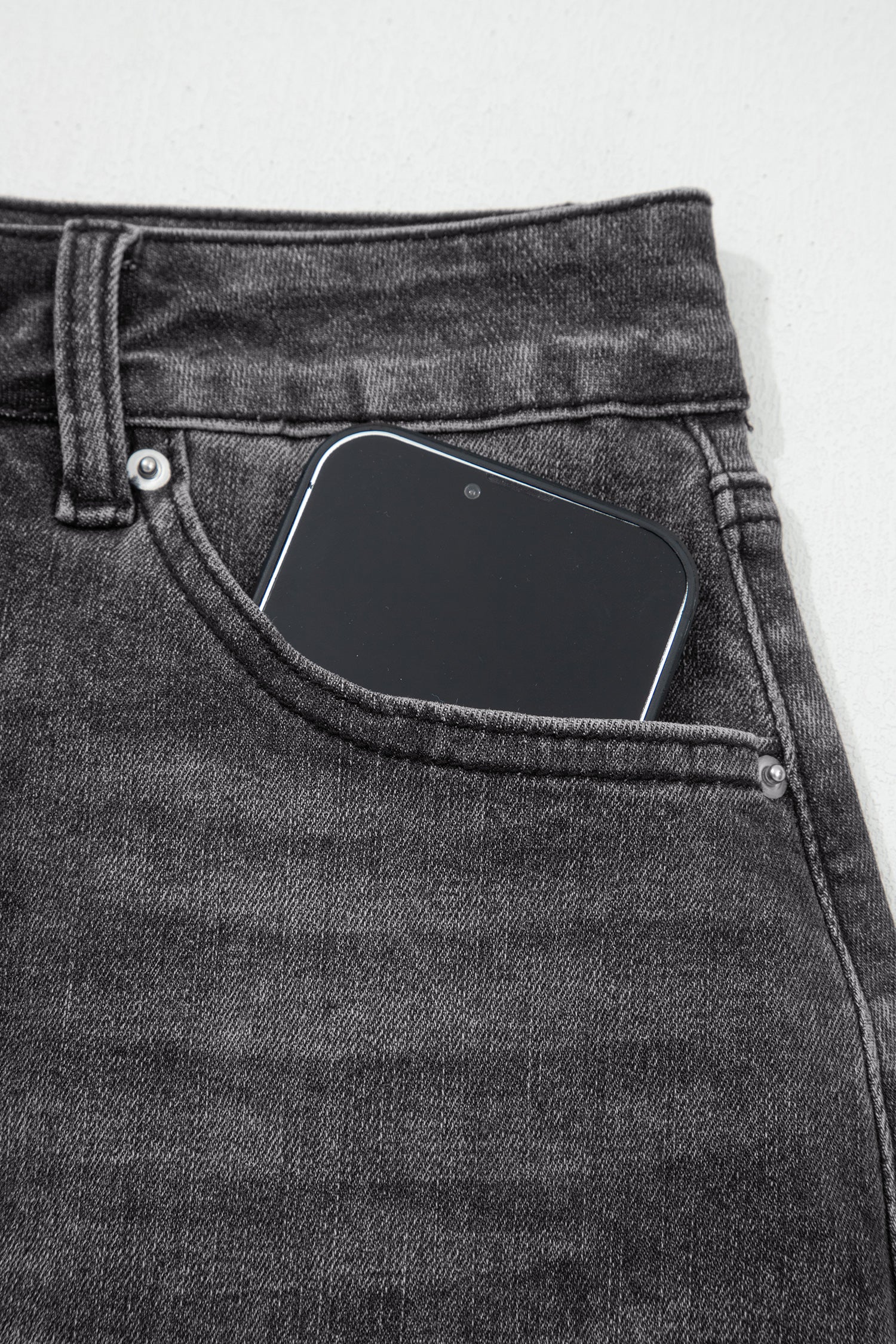 Dark Grey Irregular Distressed Bottom Denim Midi Skirt