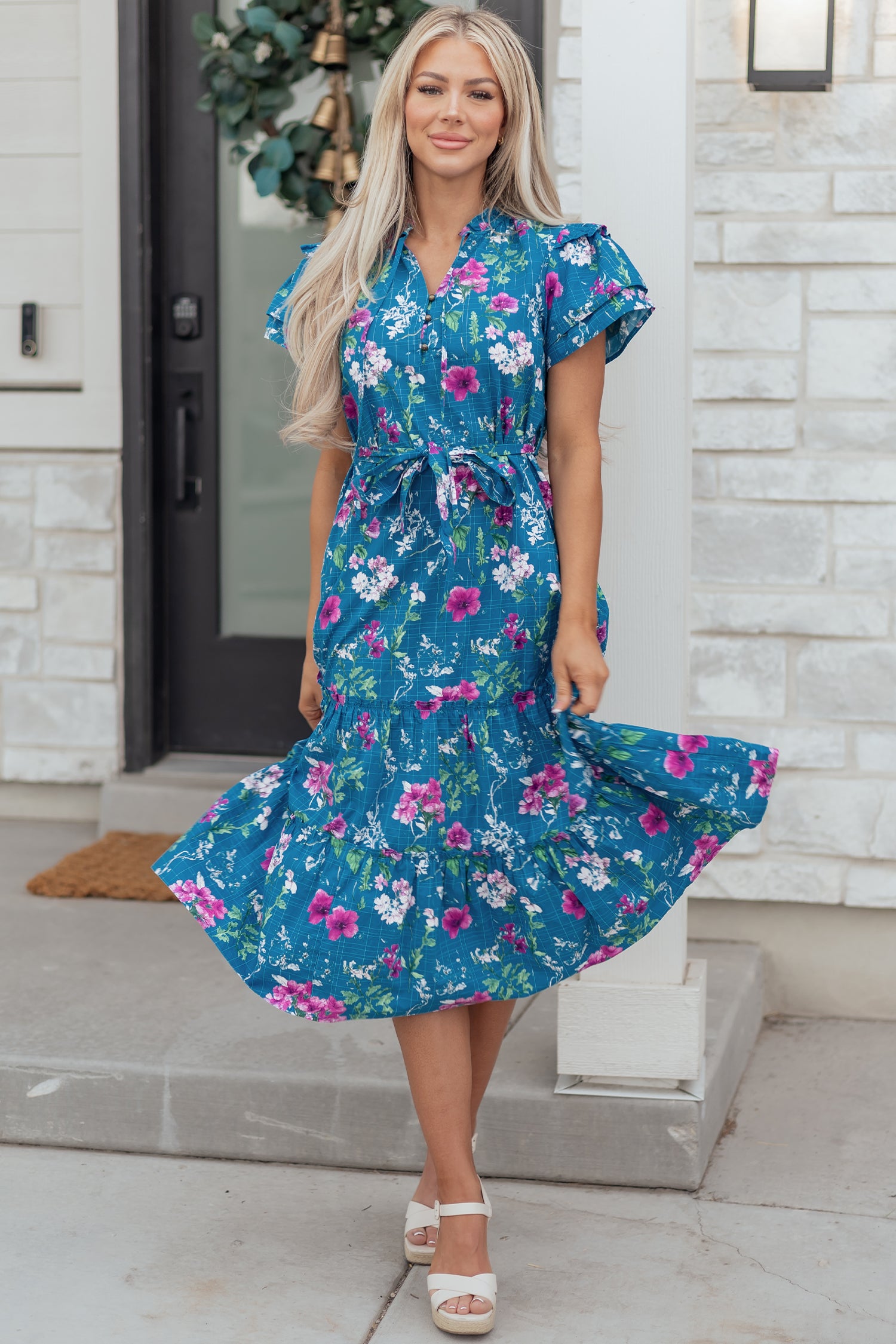Blue Floral Flutter Sleeve Button Tie Split Neck Belted Long Dress