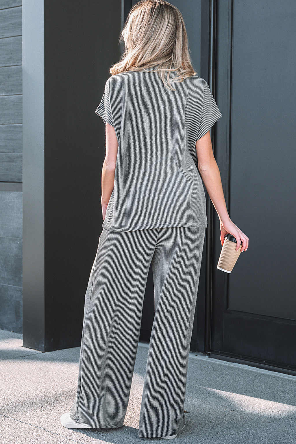 Dark Grey Twisted Ribbed High Neck Loose Tee Elastic High Waist Loose Pant Set