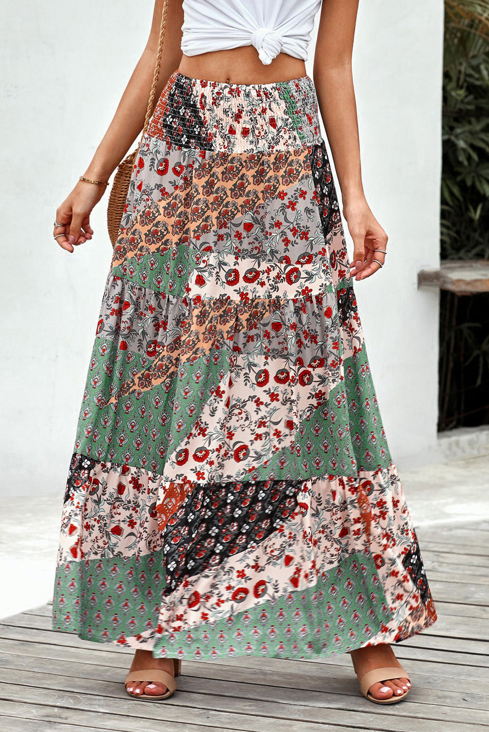 Multicolor Boho Print Tie-Up Waist Long Maxi Skirt