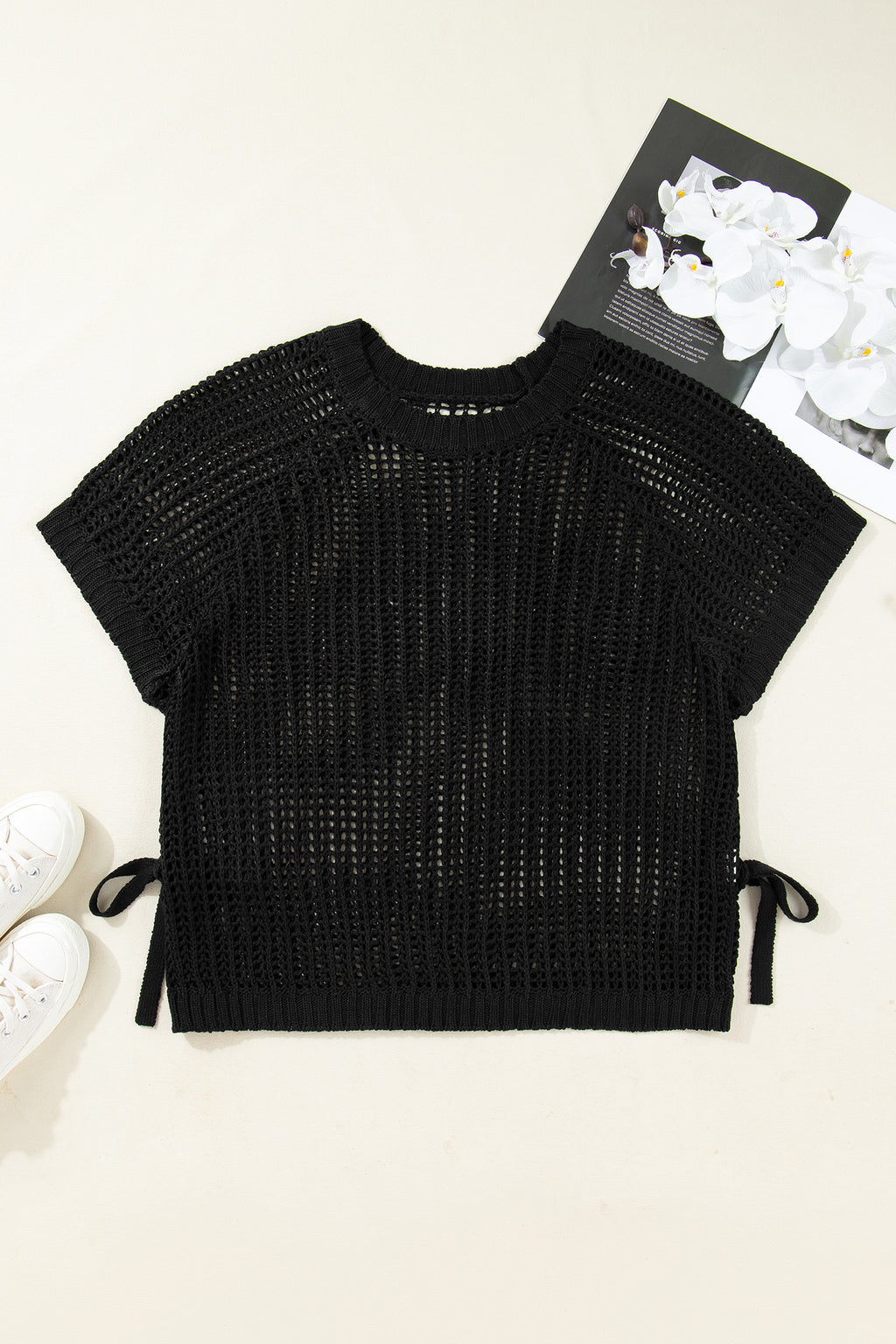 Black Plus Size Open Knit Bow Tie Short Sleeve Sweater