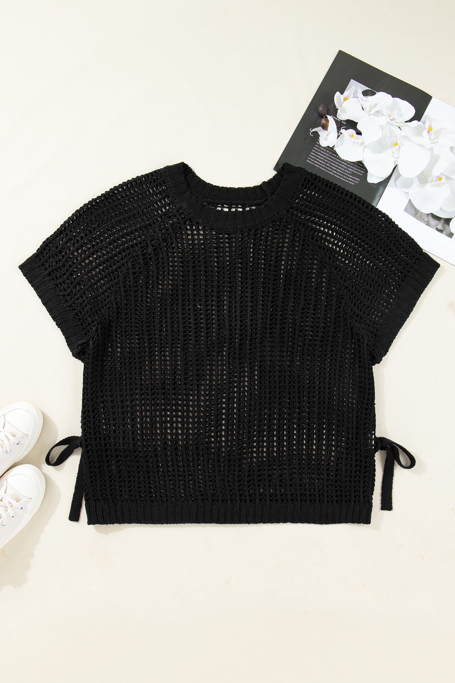 Black Plus Size Open Knit Bow Tie Short Sleeve Sweater