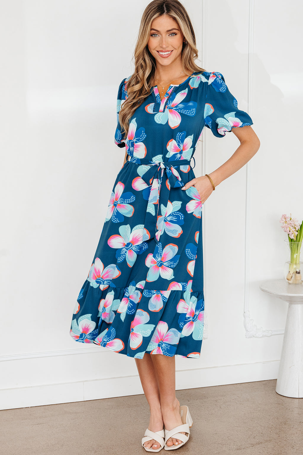 Blue Floral Print Short Puff Sleeve Ruffle Hem Belted Long Dress