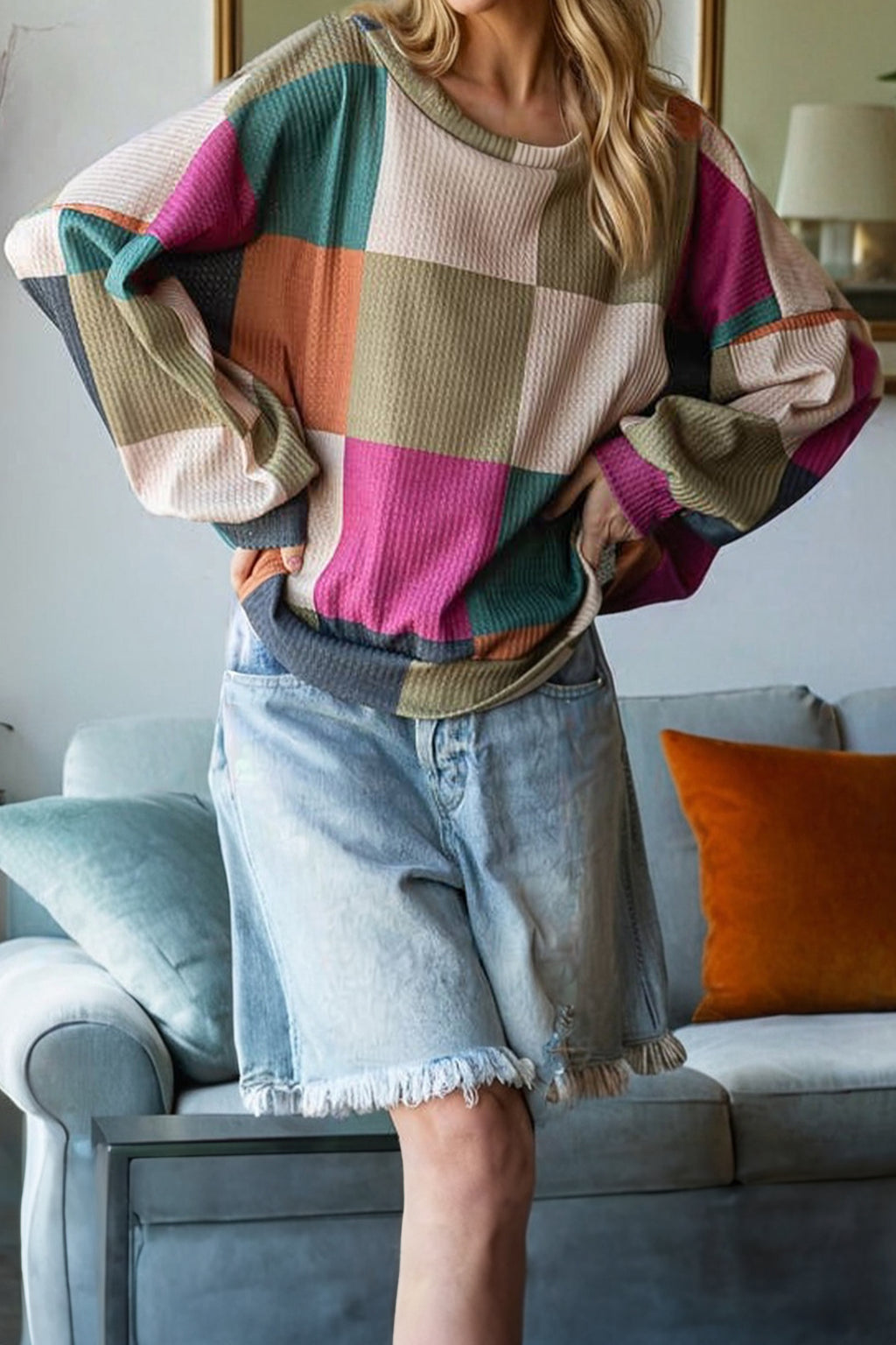 Green Checkered Print Textured Knit Long Sleeve Loose Top