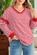Red Stripe Exposed Seam V Neck Balloon Sleeve Pullover