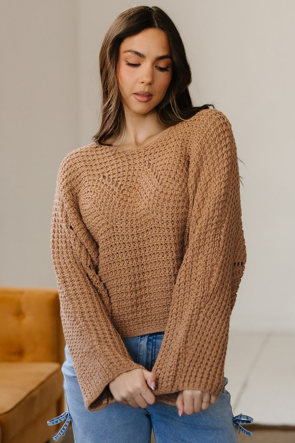 Camel Hollowed Detail Wide Sleeve Loose Pullover Sweater