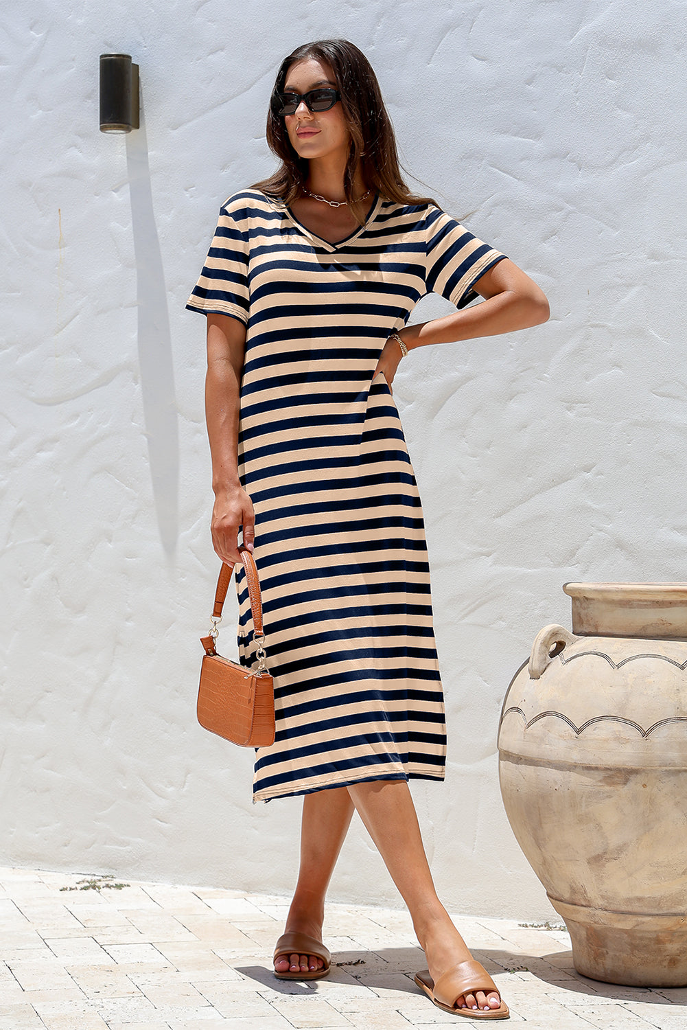 Black Stripe Print V Neck Maxi Dress with Side Splits